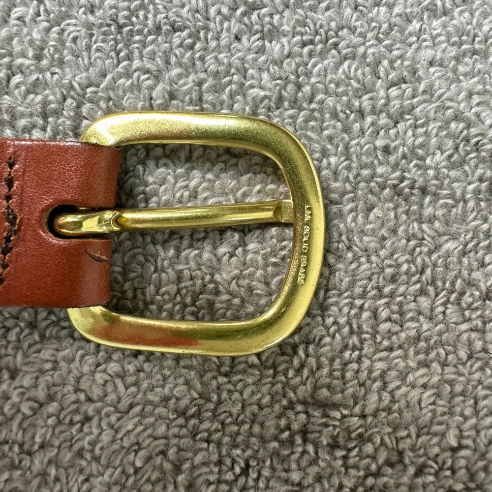 Leather Man Ltd Mens 46 Ribbon Belt Navy Tan Striped Top Grain Leather Brass CT